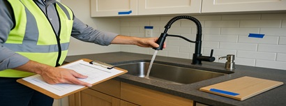 Mockup multifamily kitchen with installed faucet and soap dispenser under review by project team